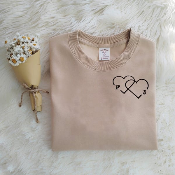 Custom Letter Embroidered Double Heart Sweatshirt